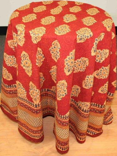 CLEARANCE Handmade Kensington Block Print Tablecloth Cotton Rust Brown 72" Round - Sweet Us