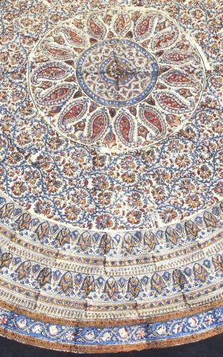 CLEARANCE Handmade Kalamkari Block Print Tablecloth Cotton Earthy 72" Round - Sweet Us