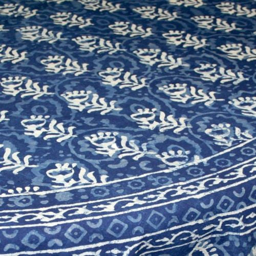 CLEARANCE Handmade Dabu Floral Block Print 100% Cotton Tablecloth 72" Round Blue - Sweet Us