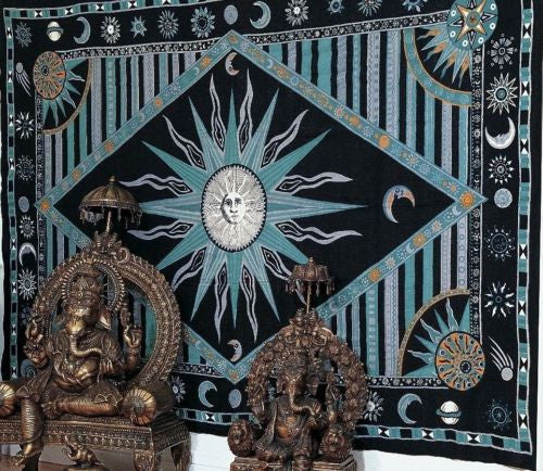 Clearance Handmade 100% Cotton Celestial Sun Moon Star Tapestry Coverlet Full Green 88x104 - Sweet Us