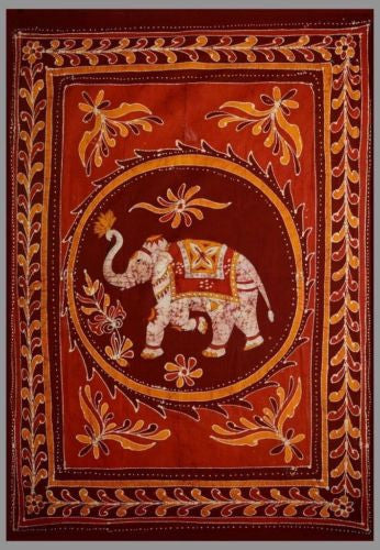 Unique Handmade 100% Cotton Batik Elephant Tapestry Tablecloth Spread Full Red - Sweet Us