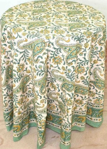 CLEARANCE Handmade Rajasthan Paisley Floral Block Print Tablecloth Cotton 72" Round - Sweet Us