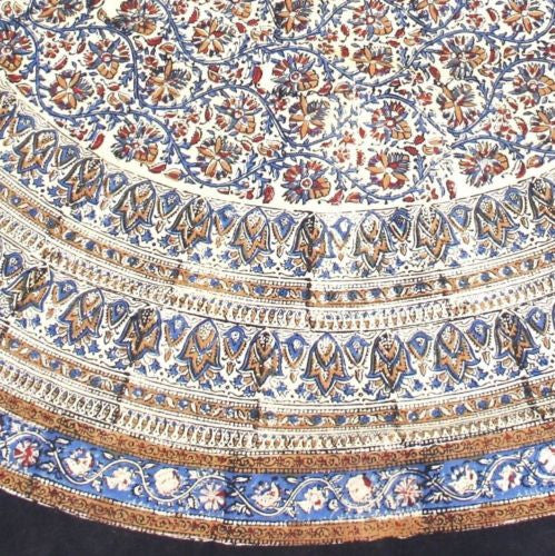 CLEARANCE Handmade Kalamkari Block Print Tablecloth Cotton Earthy 72" Round - Sweet Us