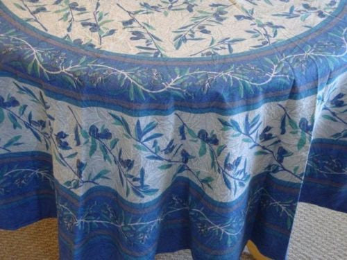 Handmade Floral Border Vine 100% Cotton Tablecloth 72" Round Gorgeous Gray Blue - Sweet Us