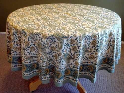 CLEARANCE Handmade Rajasthan Paisley Floral Block Print Tablecloth Cotton 72" Round - Sweet Us