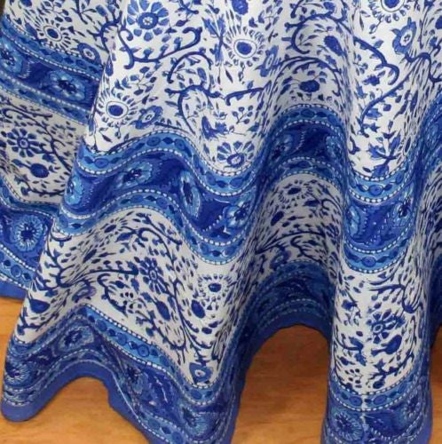 CLEARANCE SALE Handmade Cotton Floral Rajasthan Block Print Tablecloth 72" Round - Sweet Us