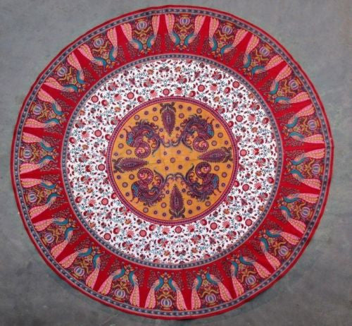 Clearance Handmade Floral Peacock 72" Round 100% Cotton Tablecloth Astonishing Red - Sweet Us