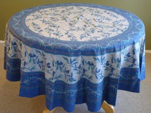 Handmade Floral Border Vine 100% Cotton Tablecloth 72" Round Gorgeous Gray Blue - Sweet Us