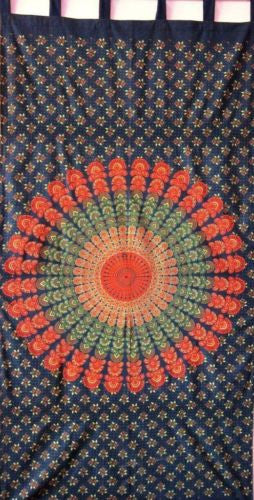 Handmade Sanganer Mandala 100% Cotton Tab Top Curtain Drape 44x88 Green Blue - Sweet Us