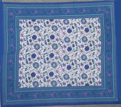 Handmade 100% Cotton Floral Print Tapestry Tablecloth Bedspread 87x90 Blues Full - Sweet Us