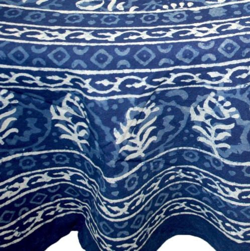 CLEARANCE Handmade Dabu Floral Block Print 100% Cotton Tablecloth 72" Round Blue - Sweet Us