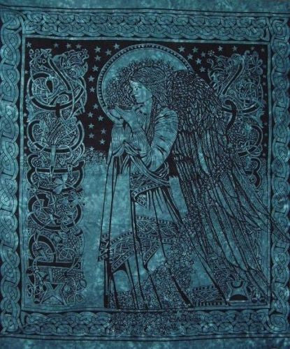 Handmade Cotton Peace Angel Celtic Tapestry Tablecloth Coverlet Throw Teal 84x90 - Sweet Us