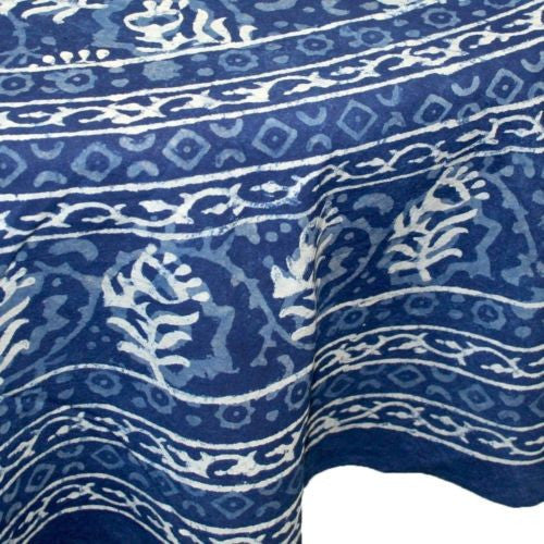CLEARANCE Handmade Dabu Floral Block Print 100% Cotton Tablecloth 72" Round Blue - Sweet Us