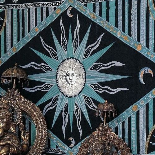 Clearance Handmade 100% Cotton Celestial Sun Moon Star Tapestry Coverlet Full Green 88x104 - Sweet Us