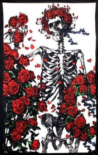 Handmade Cotton Grateful Dead Skeleton 'n Roses Tapestry Bedspread 60x90 Reds - Sweet Us