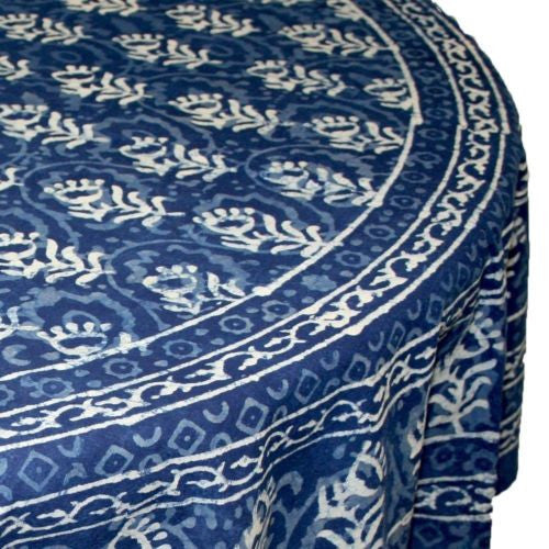 CLEARANCE Handmade Dabu Floral Block Print 100% Cotton Tablecloth 72" Round Blue - Sweet Us