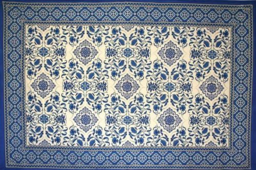 Handmade Victorian Bloom Floral Tablecloth 100% Cotton Blue 60x90 Rectangle - Sweet Us