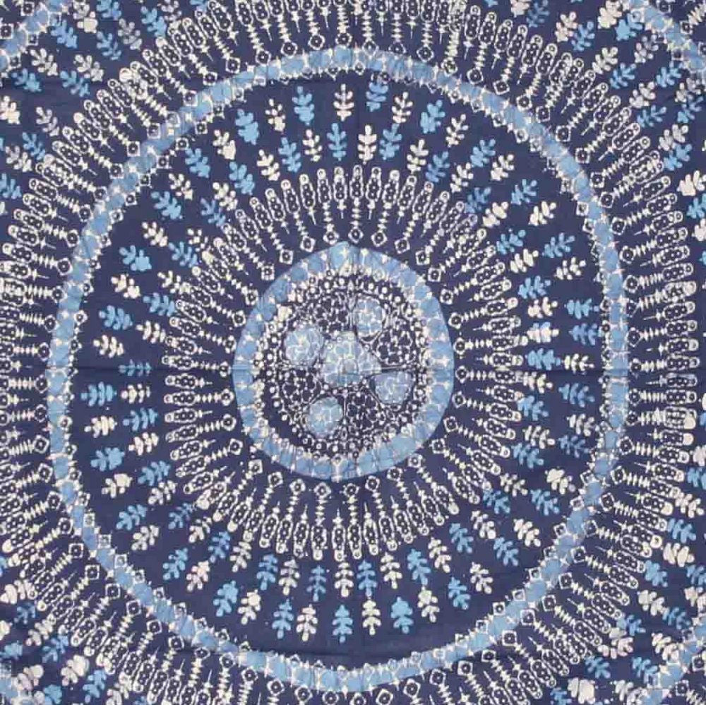 Handmade Cotton Batik Tulsi Leaf Mandala Tapestry Tablecloth Spread Blue Full - Sweet Us