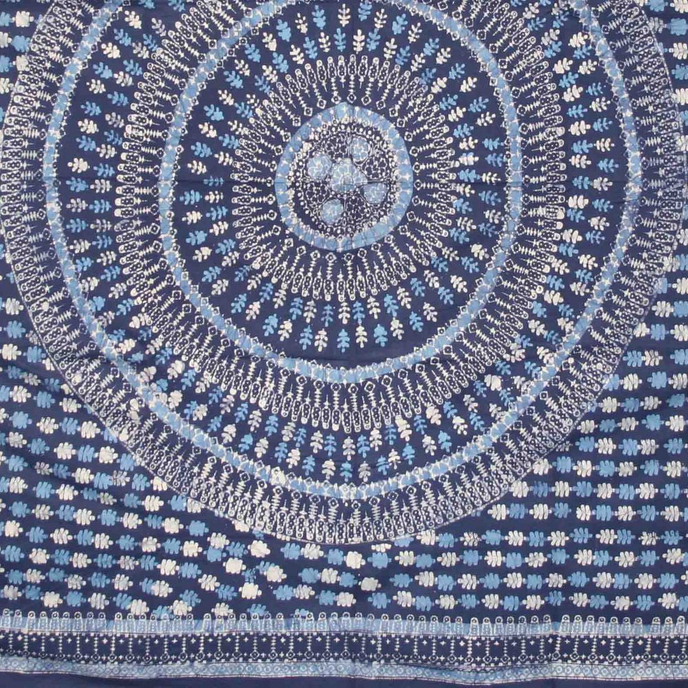 Handmade Cotton Batik Tulsi Leaf Mandala Tapestry Tablecloth Spread Blue Queen - Sweet Us