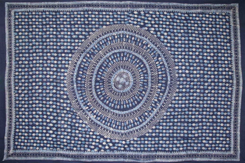 Handmade Cotton Batik Tulsi Leaf Mandala Tapestry Tablecloth Spread Blue Queen - Sweet Us