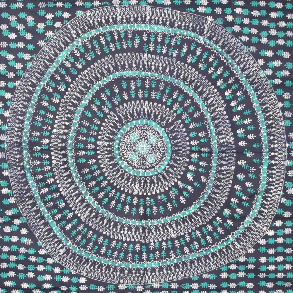 Handmade Cotton Batik Tulsi Leaf Mandala Tapestry Tablecloth Spread Green Queen - Sweet Us