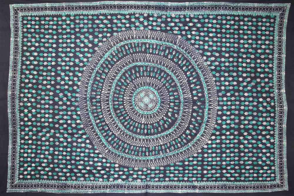 Handmade Cotton Batik Tulsi Leaf Mandala Tapestry Tablecloth Spread Green Queen - Sweet Us
