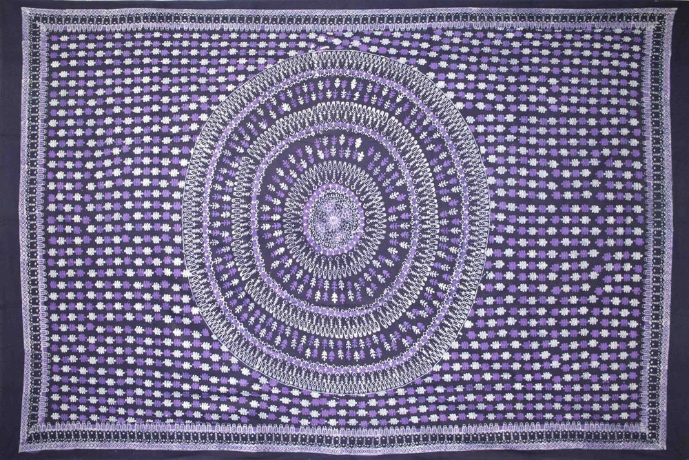 Handmade Cotton Batik Tulsi Leaf Mandala Tapestry Tablecloth Spread Purple Queen - Sweet Us