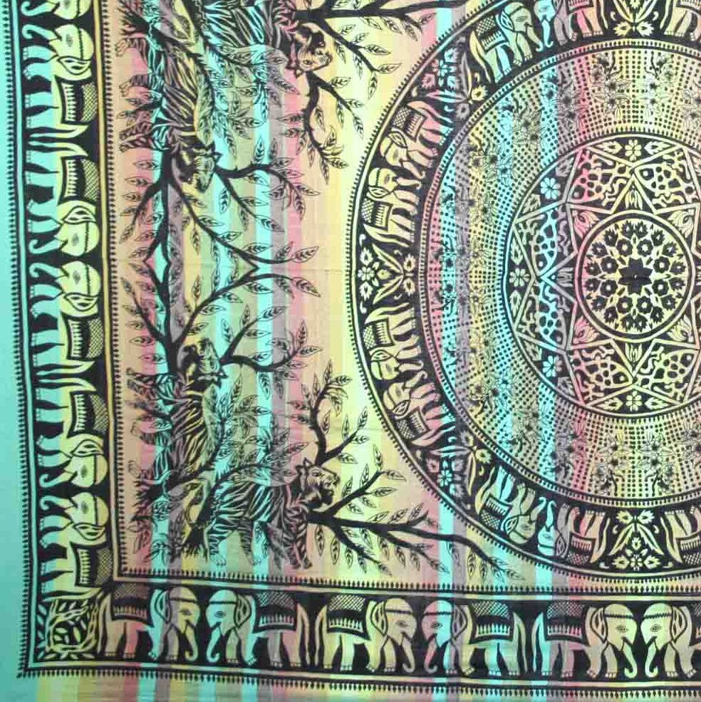 Handmade Cotton Mandala Elephant Overprint Striped Tapestry Coverlet Green Twin - Sweet Us