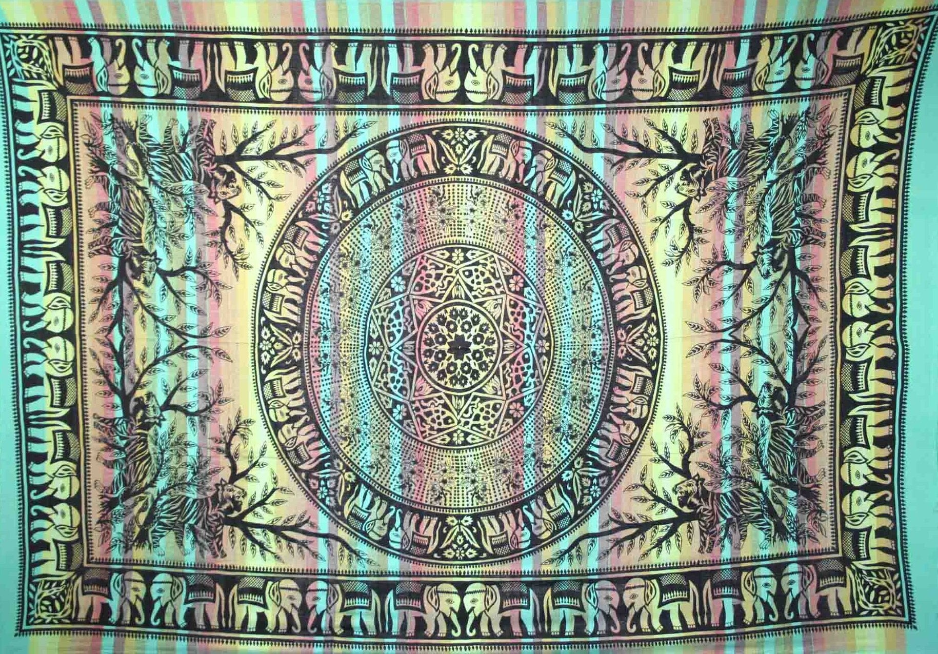 Handmade Cotton Mandala Elephant Overprint Striped Tapestry Coverlet Green Twin - Sweet Us