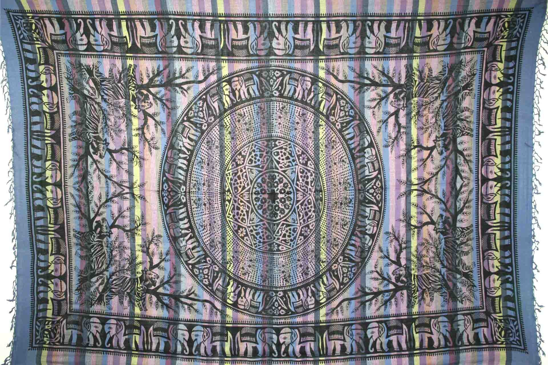 Handmade Cotton Mandala Elephant Overprint Striped Tapestry Coverlet Blue Twin - Sweet Us