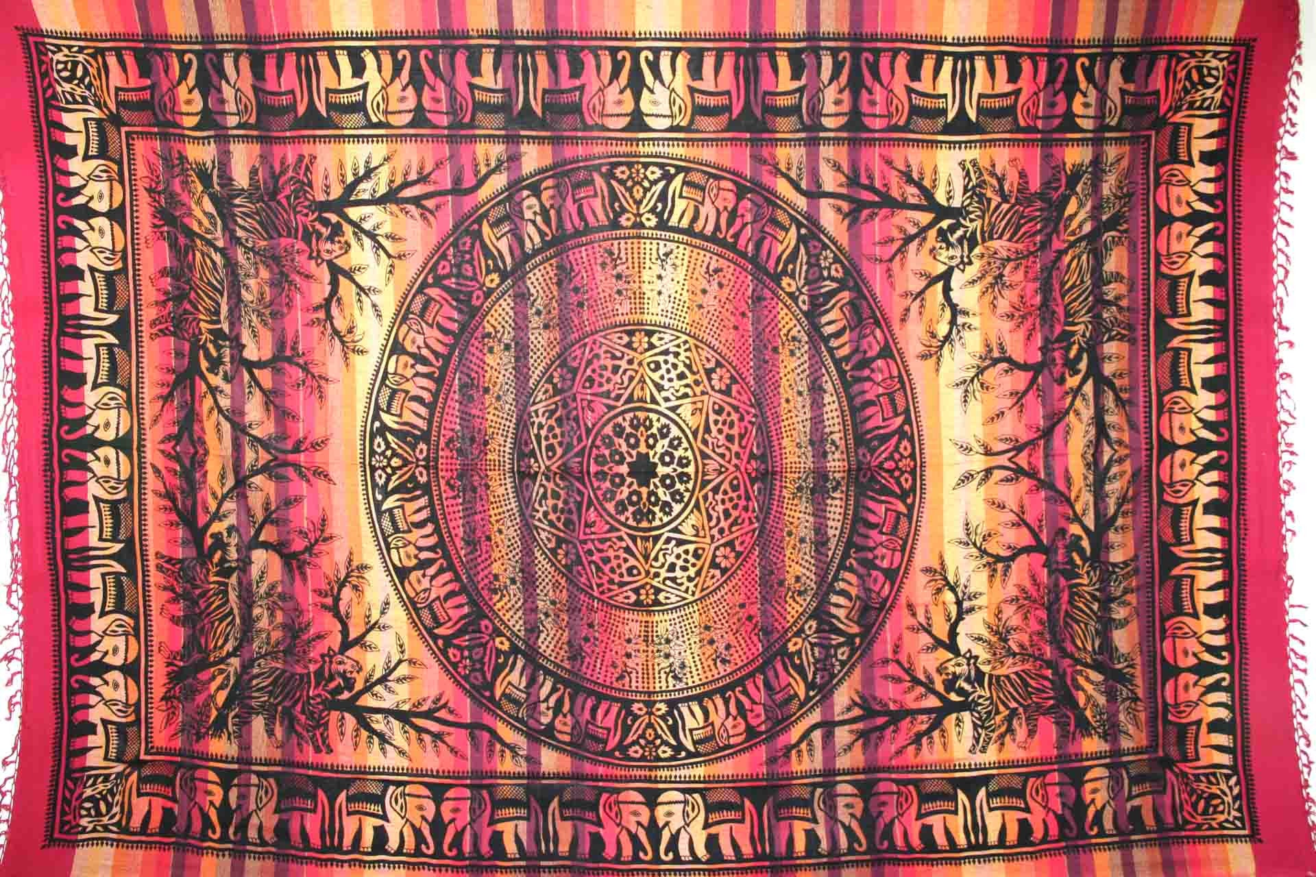 Handmade Cotton Mandala Elephant Overprint Striped Tapestry Coverlet Red Twin - Sweet Us