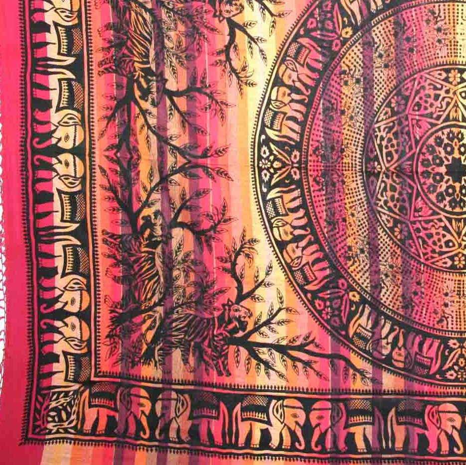 Handmade Cotton Mandala Elephant Overprint Striped Tapestry Coverlet Red Twin - Sweet Us