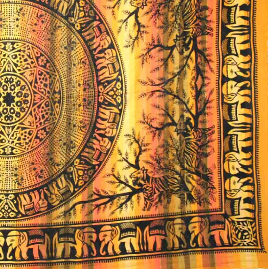 Handmade Cotton Mandala Elephant Overprint Striped Tapestry Coverlet Yellow Twin - Sweet Us