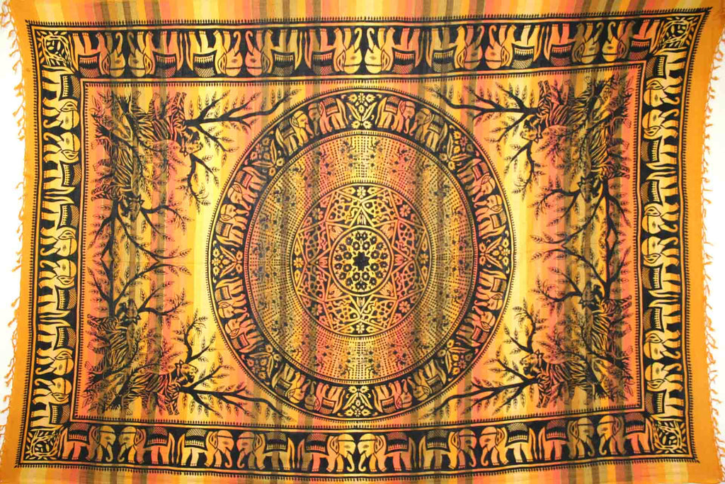 Handmade Cotton Mandala Elephant Overprint Striped Tapestry Coverlet Yellow Twin - Sweet Us