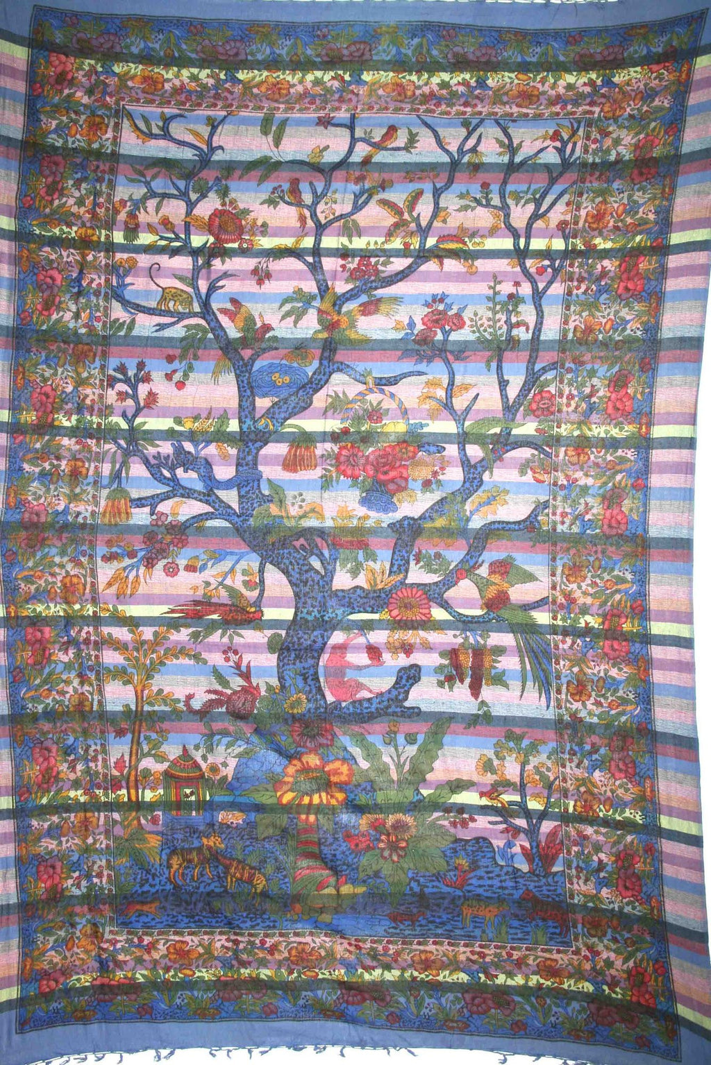 Handmade Cotton Tree of Life Overprint Striped Tapestry Spread Throw Purple Full - Sweet Us