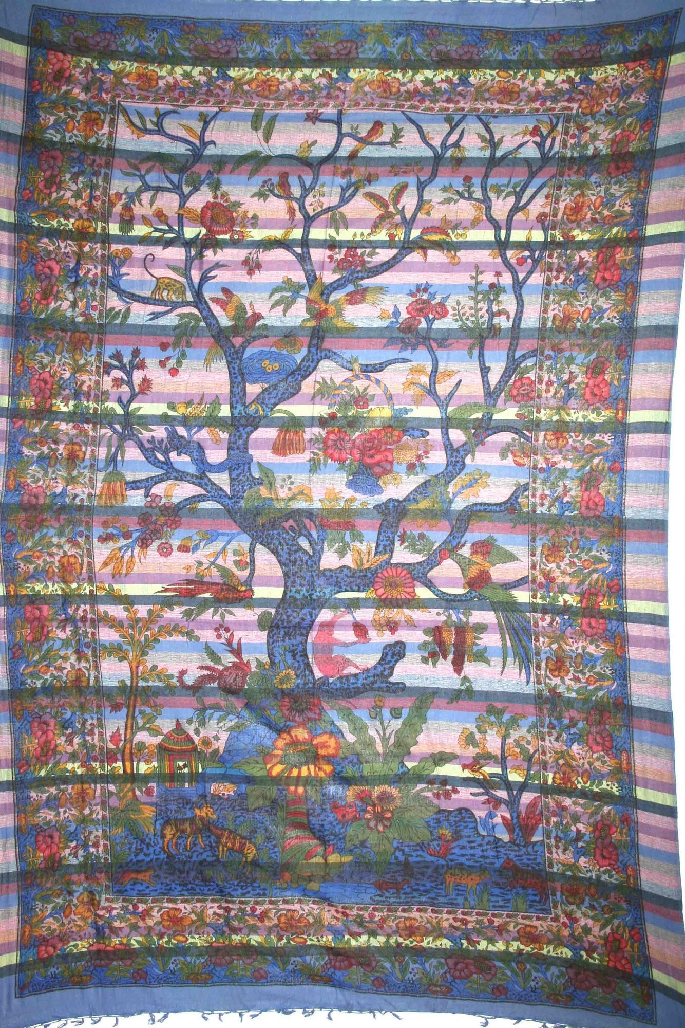 Handmade Cotton Tree of Life Overprint Striped Tapestry Spread Throw Purple Full - Sweet Us
