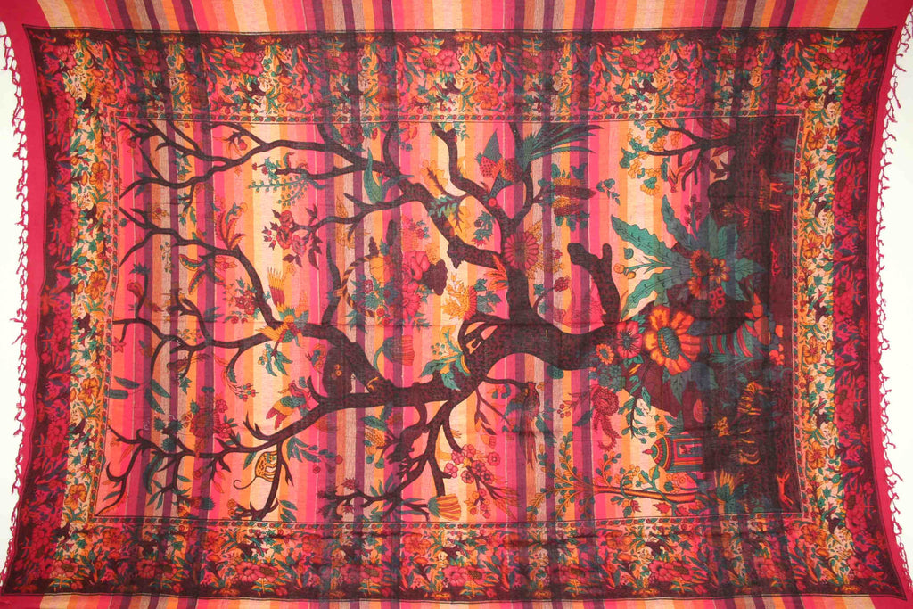 Handmade Cotton Tree of Life Overprint Striped Tapestry Spread Throw Red Full - Sweet Us