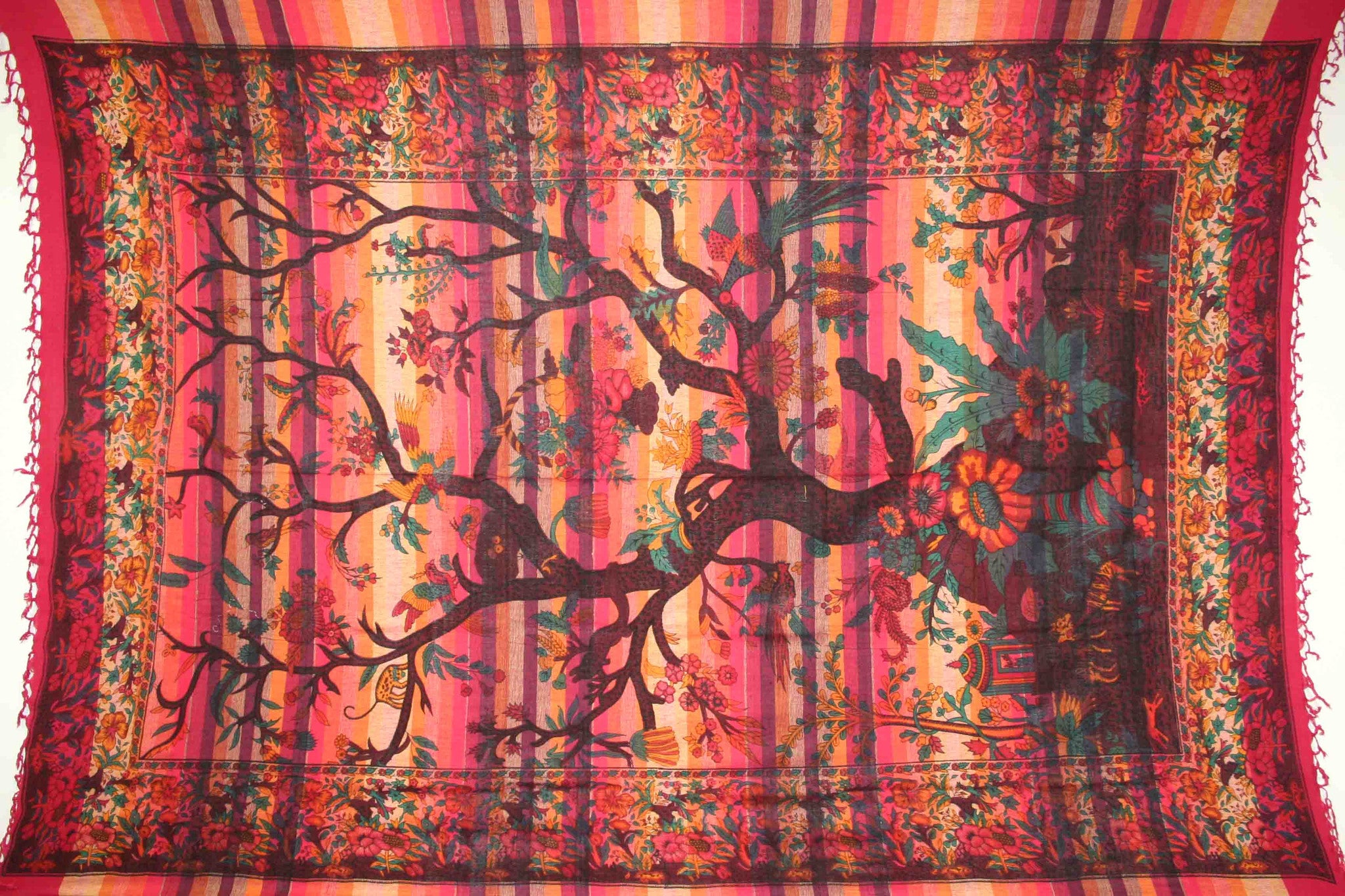 Handmade Cotton Tree of Life Overprint Striped Tapestry Spread Throw Red Full - Sweet Us
