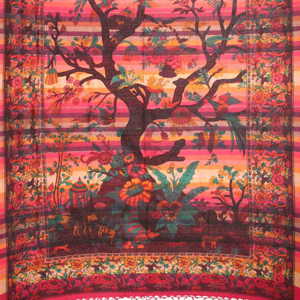 Handmade Cotton Tree of Life Overprint Striped Tapestry Spread Throw Red Full - Sweet Us
