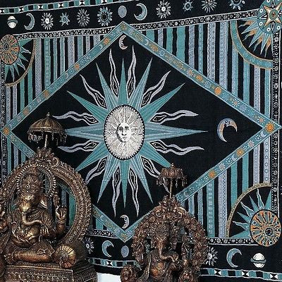 CLEARANCE Handmade 100% Cotton Celestial Sun Moon Star Tapestry Coverlet Twin Green 70x104 - Sweet Us