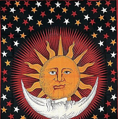 Handmade Cotton Celestial Sun Moon Star Tapestry Coverlet Twin Orange Red 70x104 - Sweet Us
