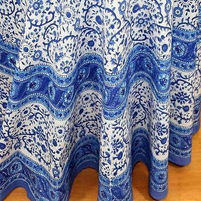 CLEARANCE SALE Handmade Cotton Floral Rajasthan Block Print Tablecloth 72" Round - Sweet Us