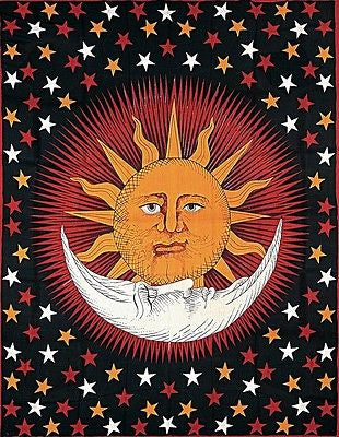 Handmade Cotton Celestial Sun Moon Star Tapestry Coverlet Full Orange Red 88x104 - Sweet Us