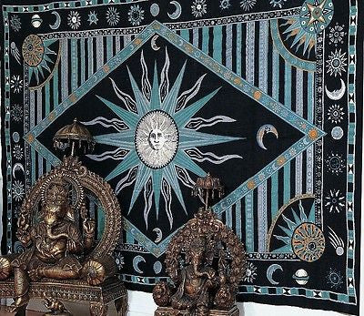 Handmade 100% Cotton Celestial Sun Moon Star Tapestry Coverlet Twin Green 70x104 - Sweet Us