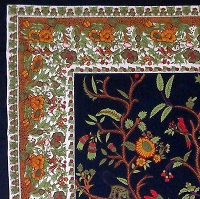 Clearance Sale Handmade Cotton Tree of Life Tapestry Throw Tablecloth Spread Black Gold 88x104 - Sweet Us