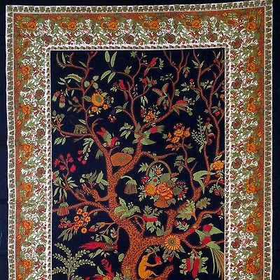 Clearance Sale Handmade Cotton Tree of Life Tapestry Throw Tablecloth Spread Black Gold 88x104 - Sweet Us