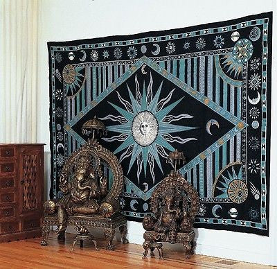 Handmade 100% Cotton Celestial Sun Moon Star Tapestry Coverlet Twin Green 70x104 - Sweet Us