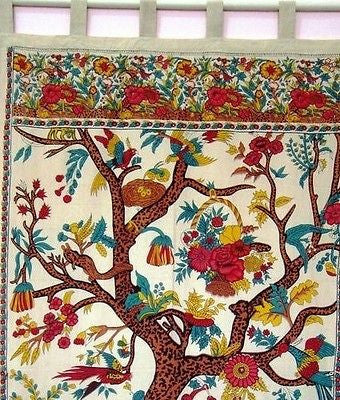 SALE Handmade 100% Cotton Tree of Life Tab Top Curtain Drape Panel 44x88 Beige Tan - Sweet Us