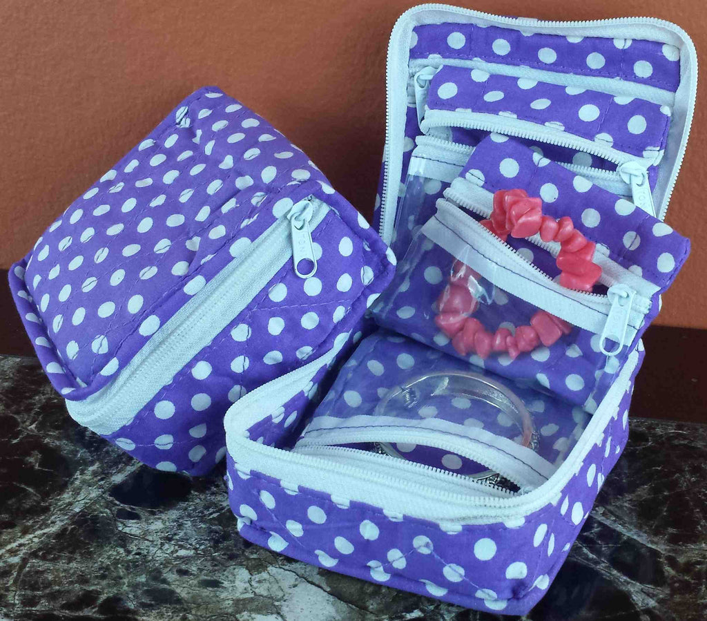 Handmade Quilted 100% Cotton Cosmetic Organizer Jewelry Bag Travel Pouch Polka Dot Purple - Sweet Us