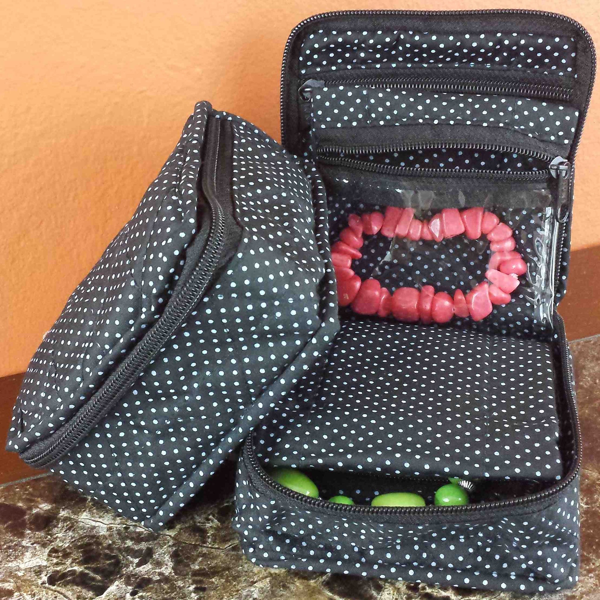 Handmade Quilted 100% Cotton Cosmetic Organizer Jewelry Bag Travel Pouch Small Polka Dot Black - Sweet Us